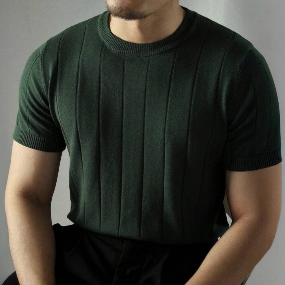 Men's Solid Ribbed Knit Shirt, Dark Green, Large, Good Condition